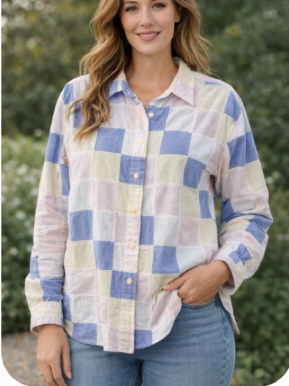 Orvis Vintage Pastel Patchwork Button Down Top